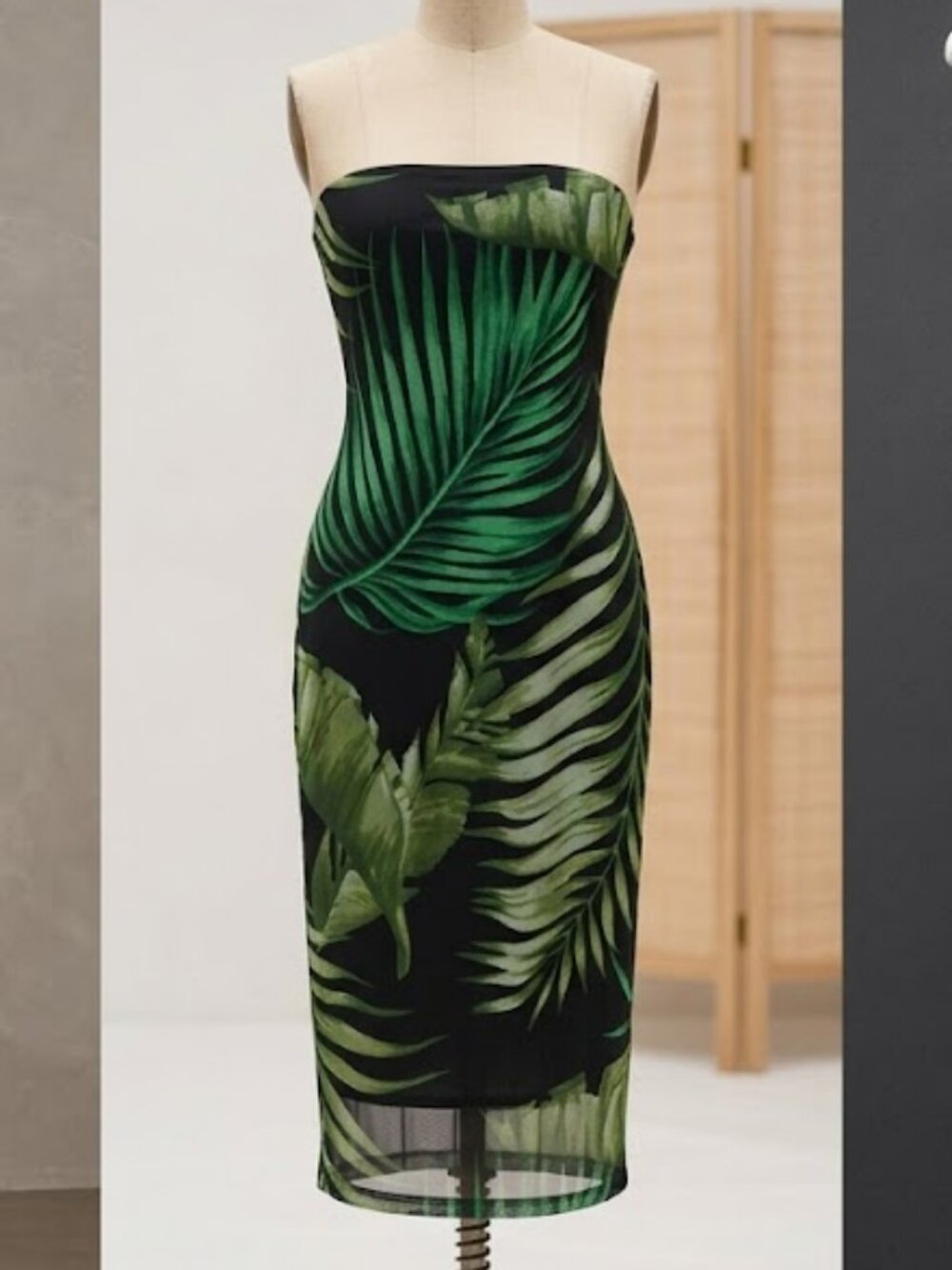 Windsor Tropical Palm Print Strapless Mesh Bodycon Midi Dress - Size S - Picture 2 of 3